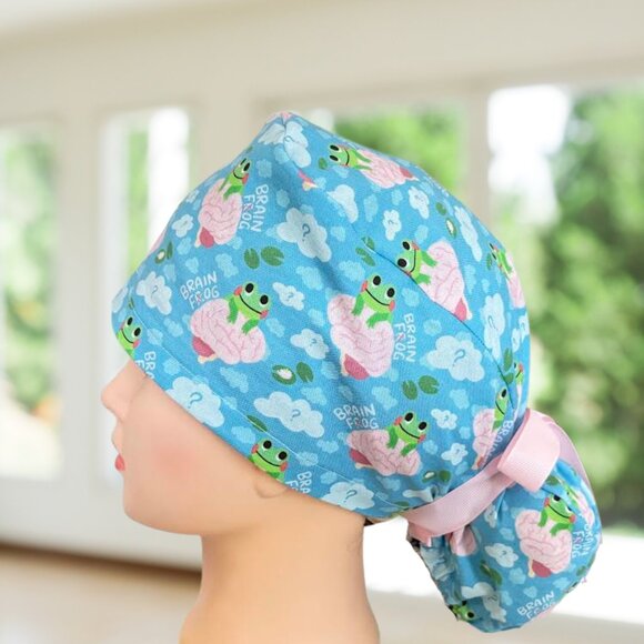 Premium Brain Frog ~ Ponytail Style Scrub Hat, Surgical Cap, MD,CNA, Gift - Picture 4 of 5